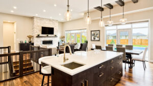 Bright Designer Kitchen and Living Room Built By Hillside Construction. Building Custom Homes, Cabins, and Renovations in Manitoba and Kenora.